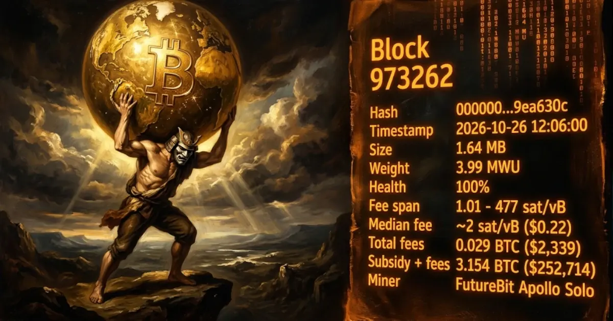 FutureBit Apollo Solo Miner Finds Bitcoin Block 973262, Earning 3.154 BTC